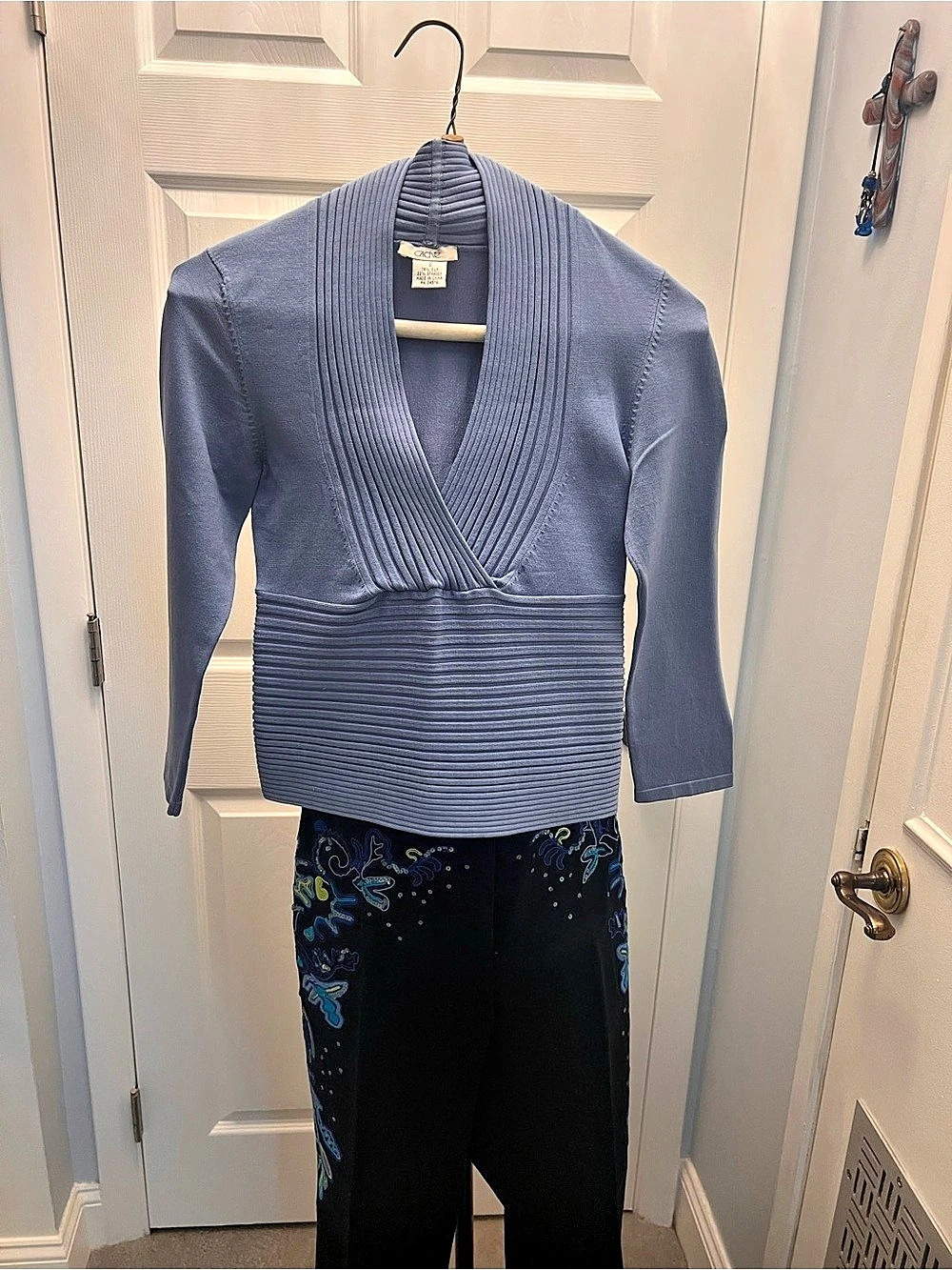 Cache Ribbed Wrap Front Blouse in Blue Size Small Like New